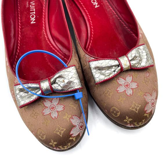 Louis Vuitton Cherry Blossom Monogram Floral Ballet Flats LV Brown Bow Sz 39 / 9 - Picture 4 of 12